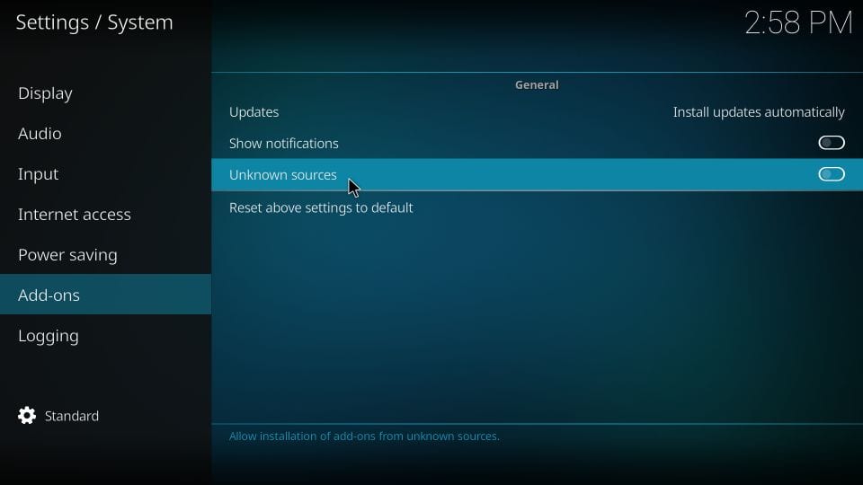 option to turn on unknown sources on kodi