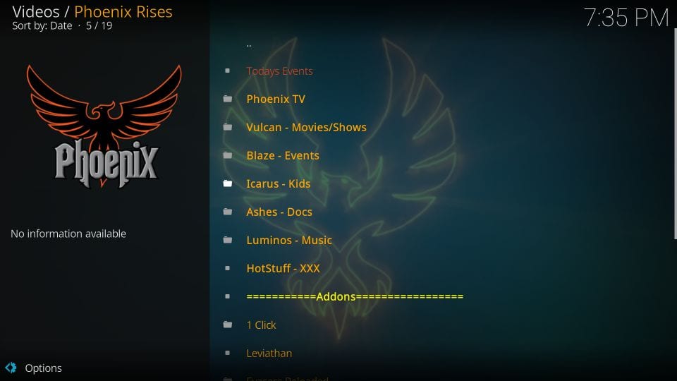 phoenix rises addon settings