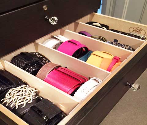 Belts are arranged in drawers