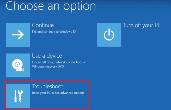 choose an option and troubleshoot in Windows 8
