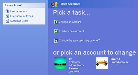 User account settings in Windows xp
