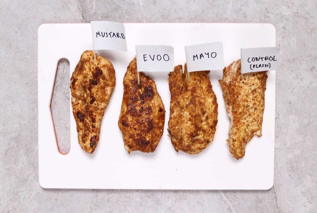 Chicken seasoning experiment 4 binding agents visual comparison