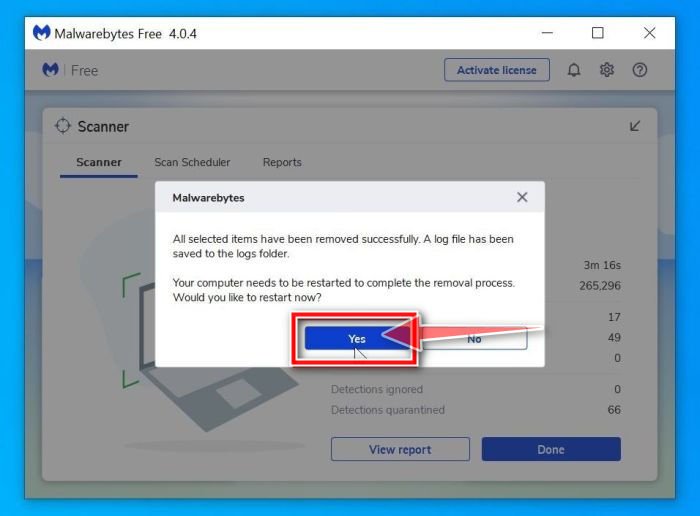 Malwarebytes requesting to restart computer to complete the topqa.info removal process