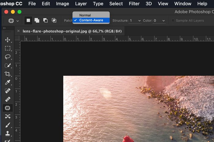Screenshot of lens flare corrected in a photo using Adobe Photoshop