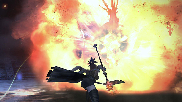 A Blue Mage unleashes a volley of aetherochemical bombs on Shiva / FFXIV