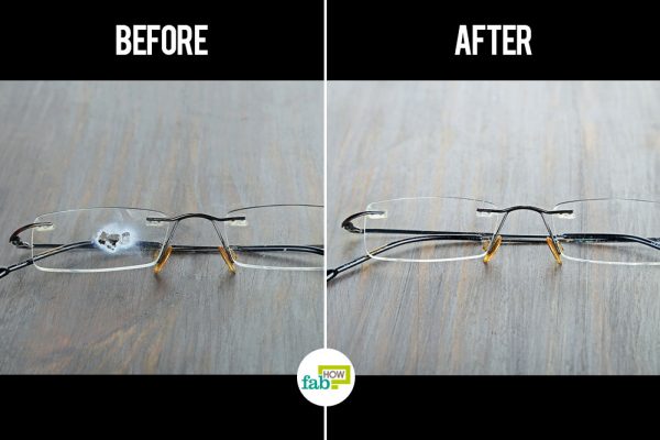 Remove glue from eyeglasses with nail polish remover