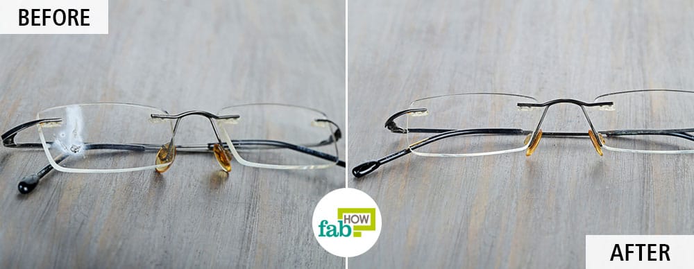 Use nail polish remover to remove glue from eyeglasses