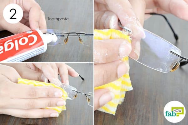 Scrub with a microfiber cloth to remove adhesive on eyeglasses