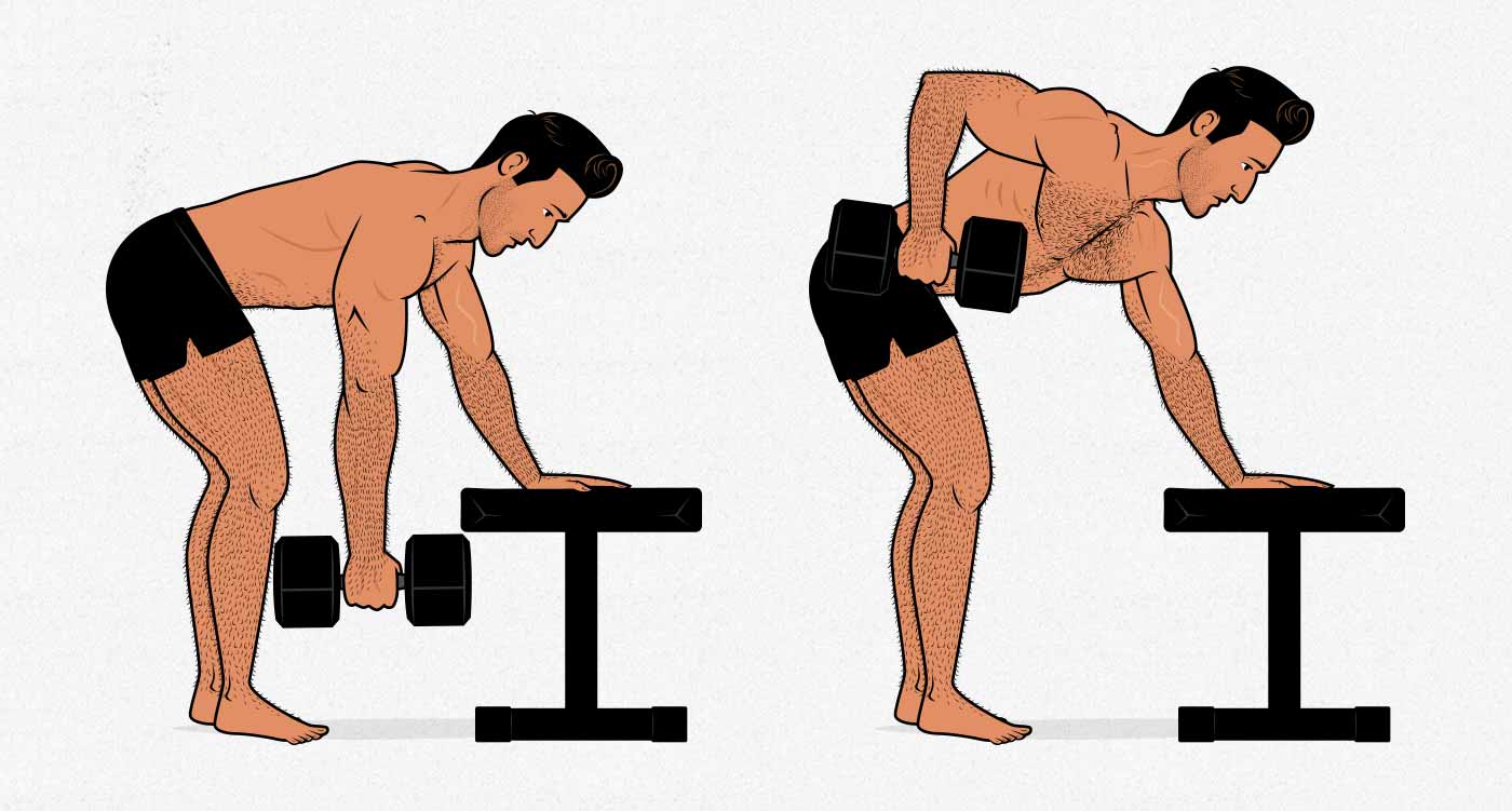 Illustration of a man doing a 3-point dumbbell row.
