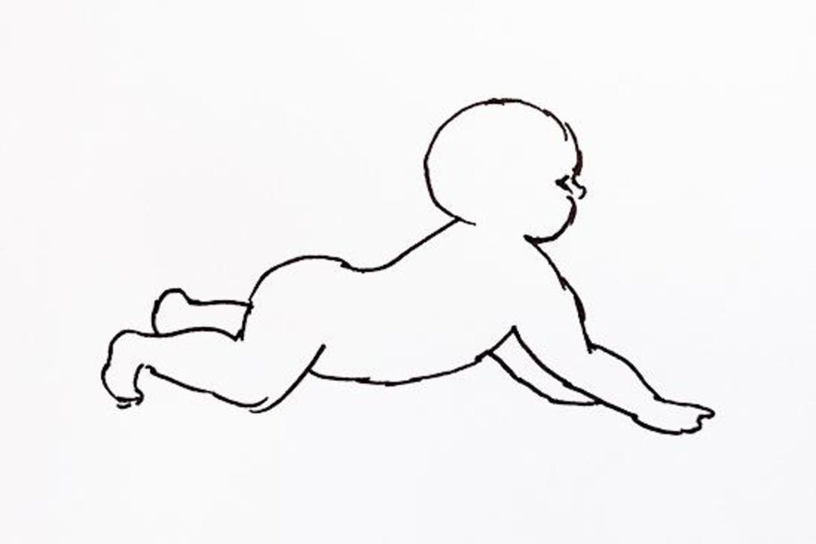 Illustration of baby lying on his stomach and raising his chest