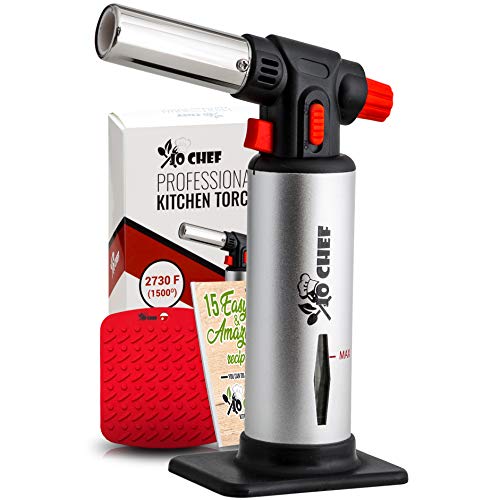 Kitchen Torch, Blowing Torch - Refillable Butane Torch with Safety Lock & Adjustable Flame + Fuel Gauge - Culinary Torch, Creme Brûlée Torch for food cooking, grilling, BBQ + FREE eBook, Fuel is not included
