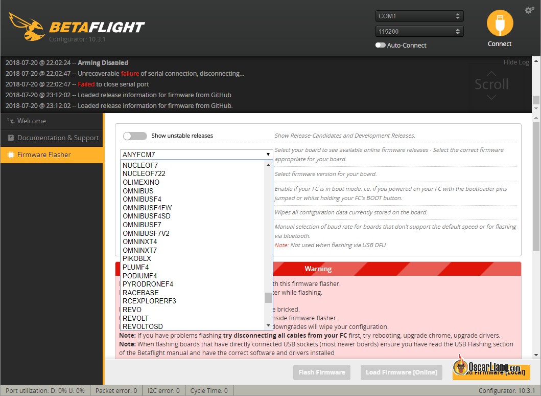 betaflight firmware flashing select flight controller target