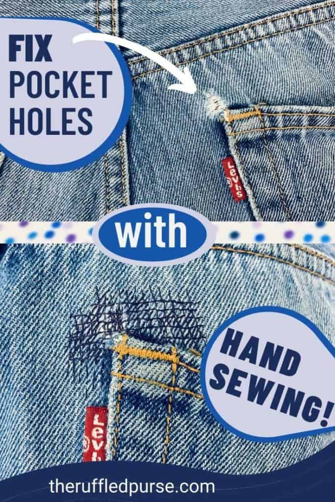 Pinterest image of how to fix a hole in the back pocket of jeans