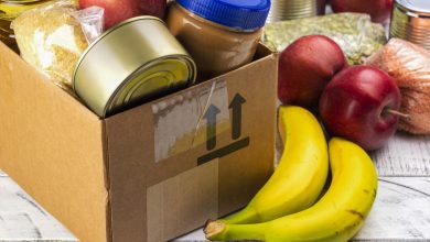 Parishable food in a box and on a counter.