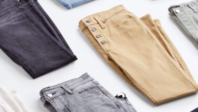Stitch Fix Women’s jeans in blue, gray, white and khaki folded in half.