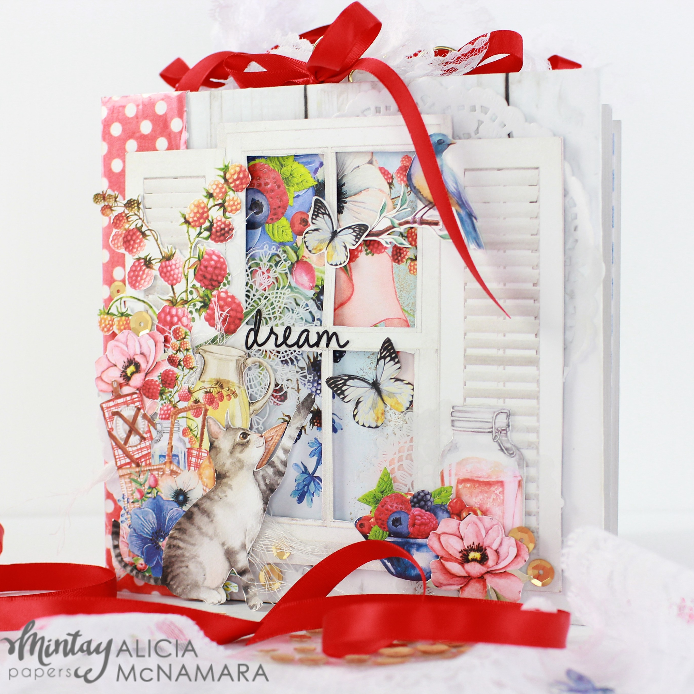 How to make a Mini Album, from scratch. Step-by-step Tutorial Videos and Printable Tutorials are FREE. This album was made using MINTAY Berry Licious Papers and created by Alicia McNamara.