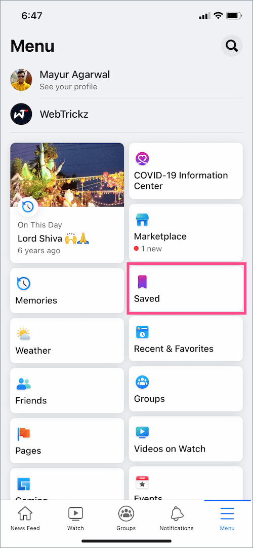 save menu in Facebook app