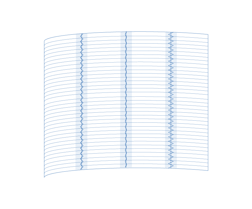 Examples of seam patterns, include two types of zig-zag stitches and a straight center seam.