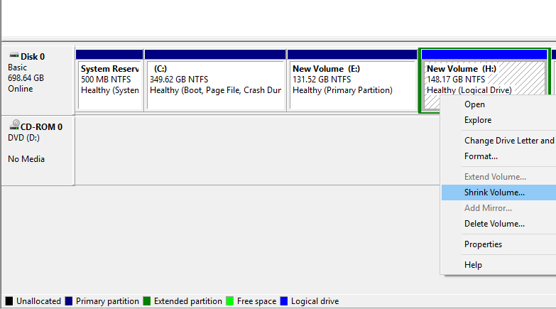 Set Shrink Volume Space