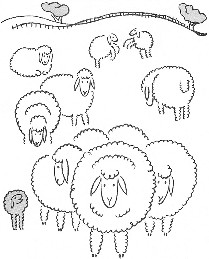 Finished drawing the black and white line of the sheep in the meadow