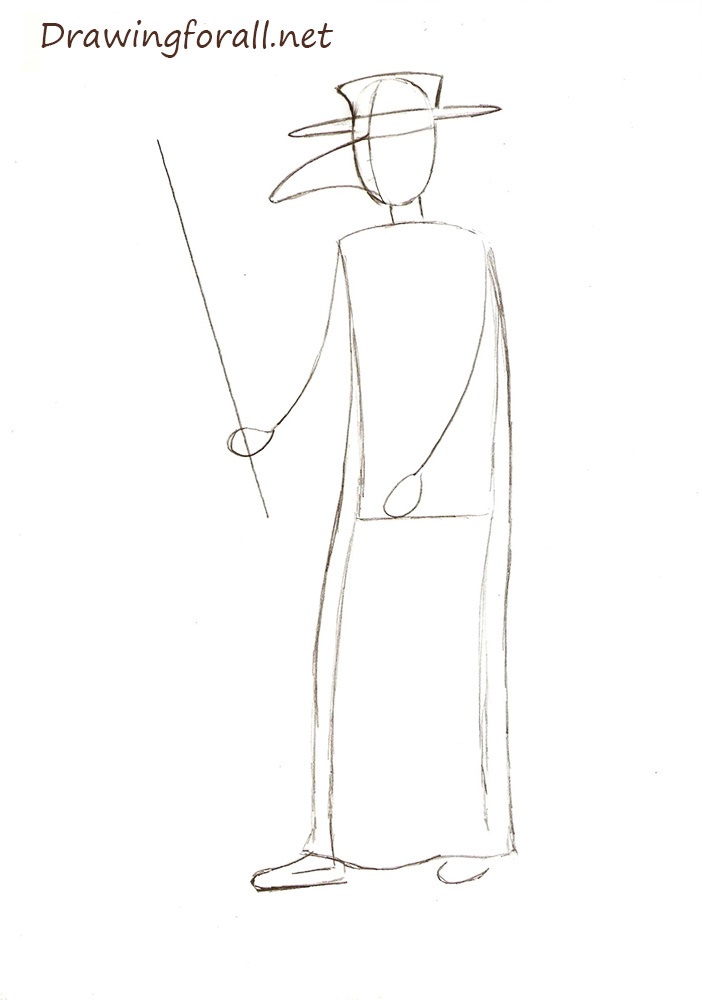 The plague doctor draws docilely