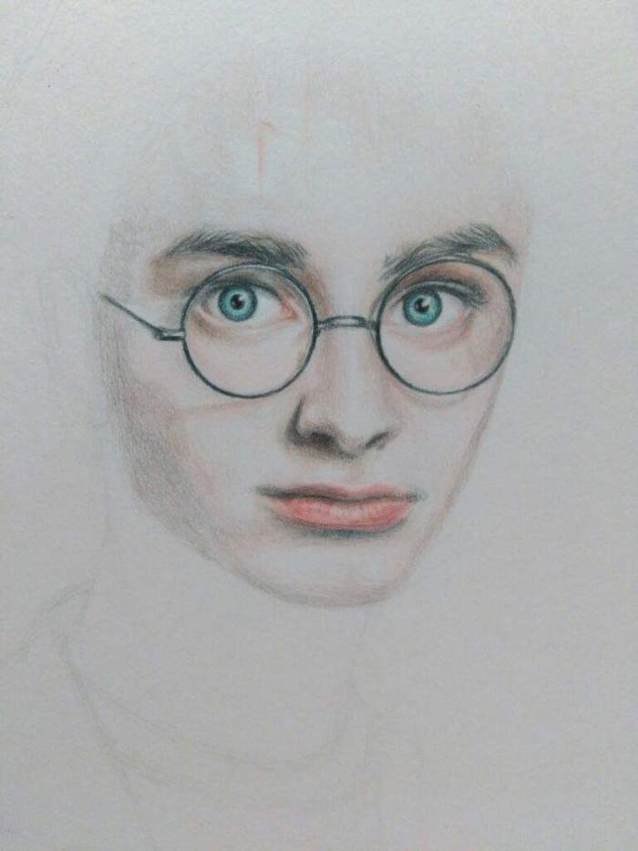 step by step diy tutorial, drawing of harry, harry potter drawings easy, blue eyes with glasses and lips
