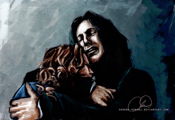 snape holding lily potter, harry potter cartoon images, colored drawing, acrylic painting
