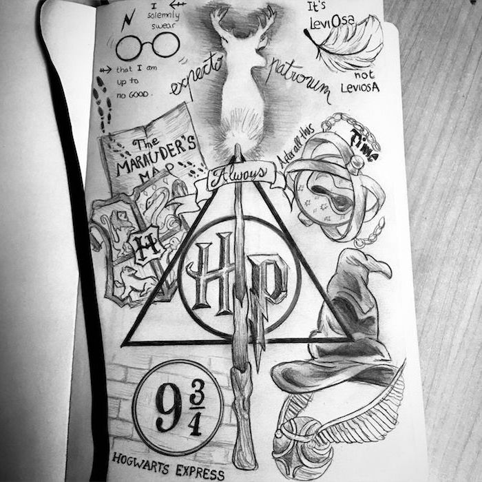 black and white pencil drawings, harry potter doodles, deathly hallows symbols, expecto patronum, marauder