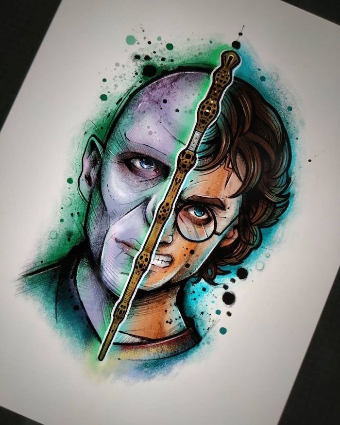 watercolor drawing, elder wand in the middle, half of harry
