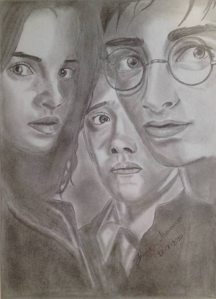 hermione granger, harry potter, ron weasley, drawing harry potter characters, black and white pencil drawing