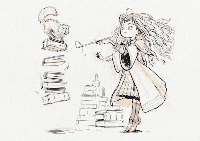 hermione granger, holding a wand, doing magic, harry potter drawing ideas, colored drawing, white background