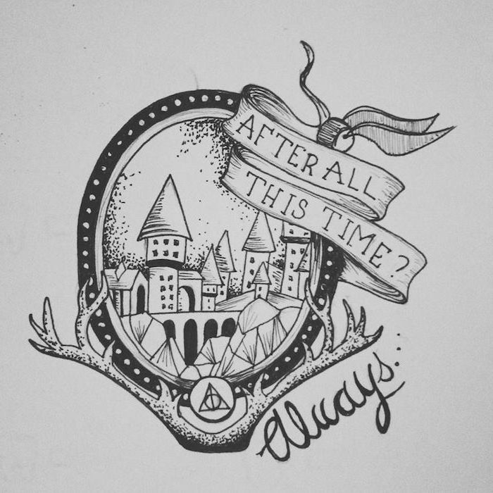 after all this time always, hogwarts castle, harry potter drawing ideas, black and white pencil drawing