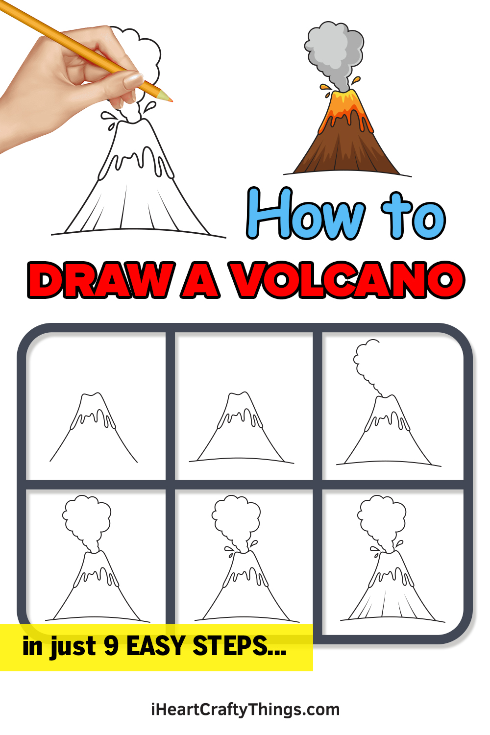 how to draw a volcano in 9 easy steps