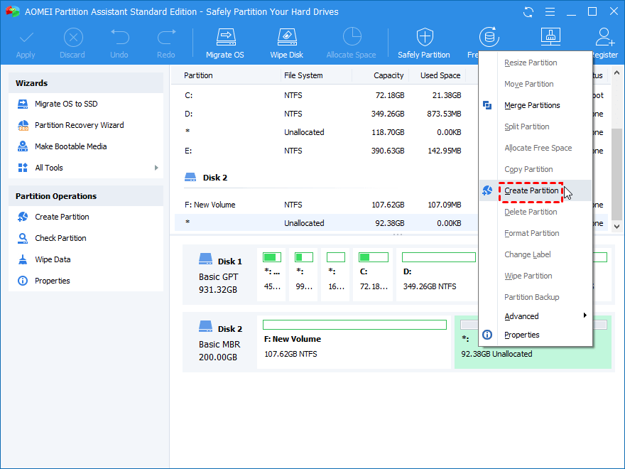 Create new partition with unallocated space