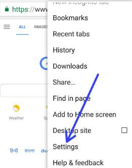 Tap settings in Google chrome browser