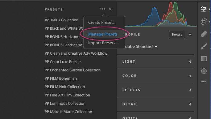 Managing presets in Lightroom CC . desktop