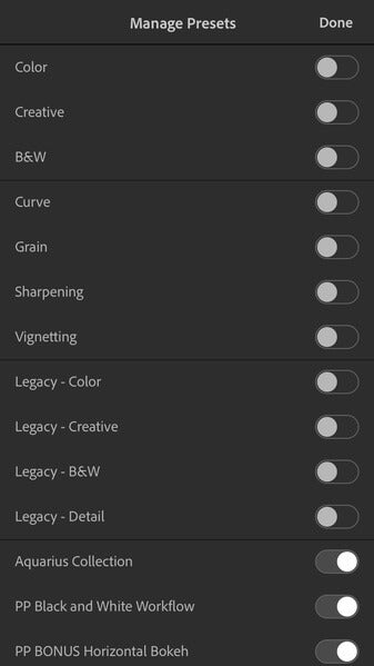 Manage presets in the Lightroom mobile app