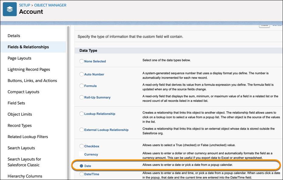 The account details page shows the rules and formats for the custom date field.