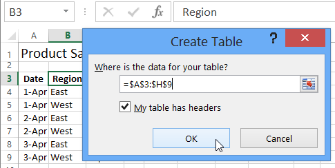 create table dialog box