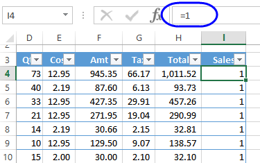 counter field in excel table