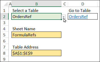 select a table to see sheet name and table address