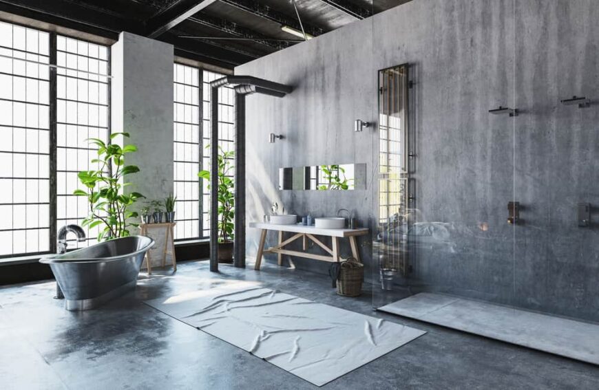 Plants in industrial decor to hide exposed pipes.