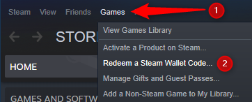 Go to Games, followed by Redeem Steam Wallet mã