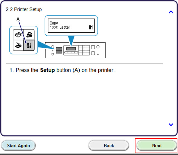 Press the Install button on the printer, then click Next (outlined in red) on the Printer Setup screen to continue