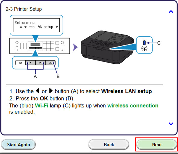 Select Set up wireless LAN on the printer, press the OK button on the printer, then click Next (highlighted in red) to continue