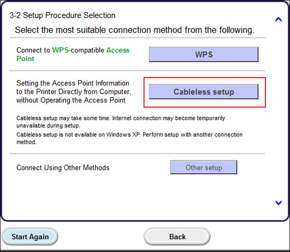 Select Setup without a cab (highlighted in red) on the Setup Procedure Selection screen