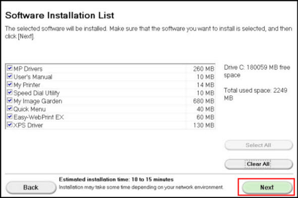 Select the software you want to install, then click Next (highlighted in red) to continue