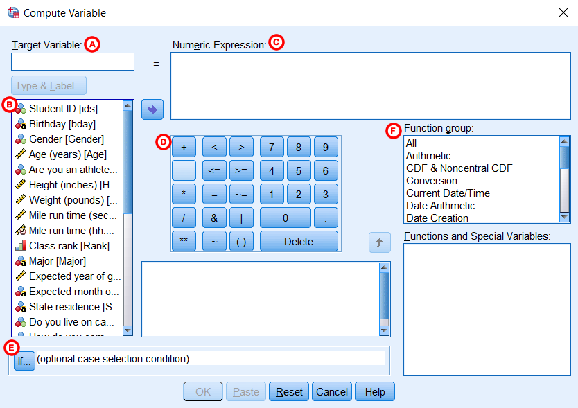 Compute Variable dialog window (SPSS version 25) with labels. A = Target variable box, B = variable list, C = Numeric expression box, D = numeric keypad