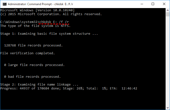 CHKDSK repairs faulty areas