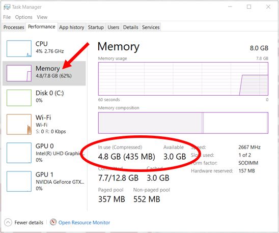 View the memory being used and available in Windows 10